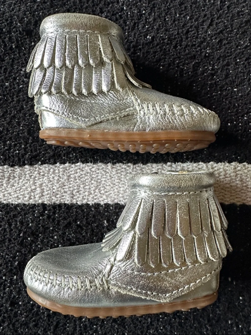 Minnetonka Silver Metallic Fringe Baby Moccasin Boots
